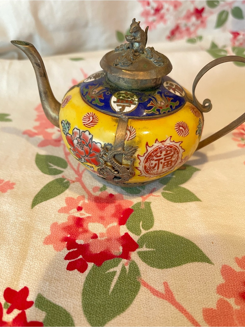 Vintage Yellow Floral Cloisonné Teapot Accent